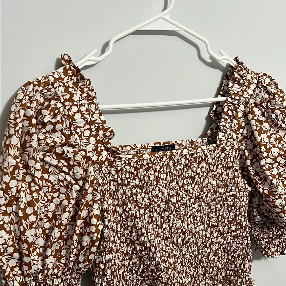 NWOT Floral Brown Puff Sleeve Dress - Picture 2 of 3